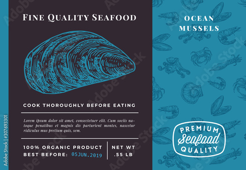 Premium Quality Seafood Abstract Vector Mussel Packaging Design or Label. Modern Typography and Hand Drawn Sketch Seamless Pattern Background Layout of Shrimps, Clams, Scallops, Squids and Crabs