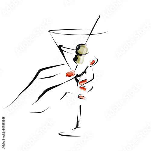 Female hand with glass of alcoholic cocktail. Hand-drawn illustration. Vector