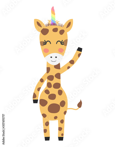 Hand drawn illustration of a cute funny giraffe with a unicorn horn, Scandinavian style flat design. Concept for children print.