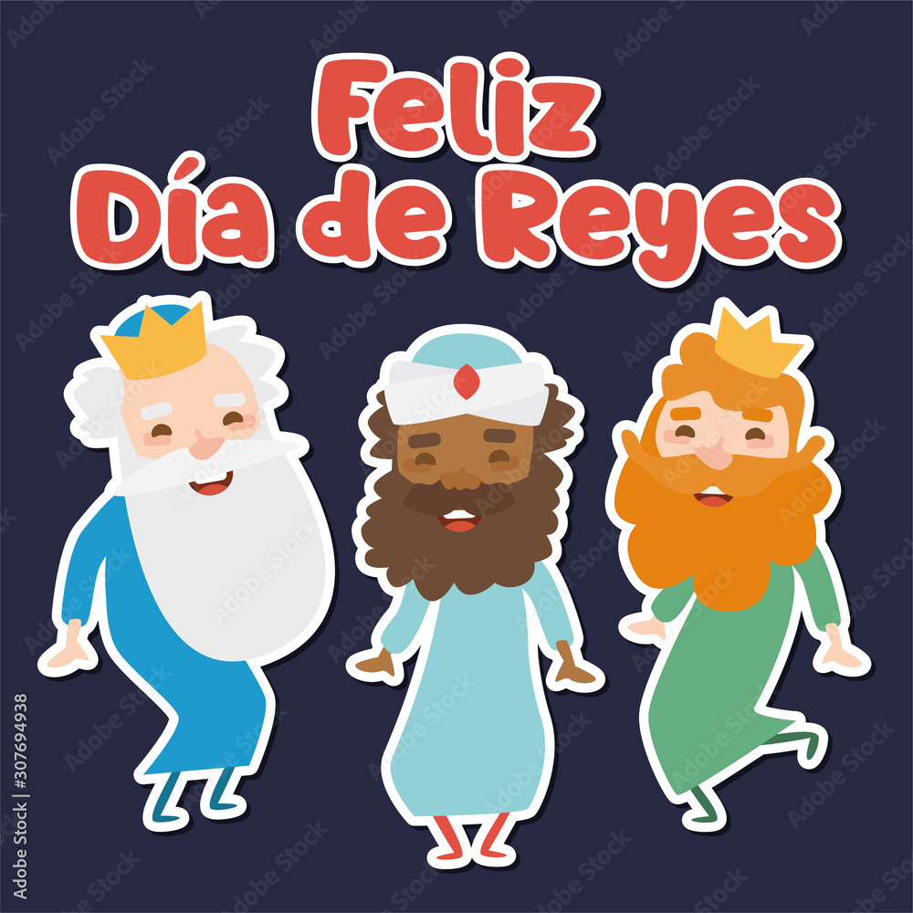 The three kings of orient, Melchior, Gaspard and Balthazar, on a blue background. Christmas vectors. Happy Epiphany written in Spanish