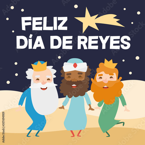 The three kings of orient, Melchior, Gaspard and Balthazar, on a blue background. Christmas vectors. Happy Epiphany written in Spanish photo