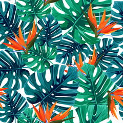 Fototapete Tropische Paradiesblumen-Muster Monstera Strelitzia Exotisches Naturmuster  © Elena