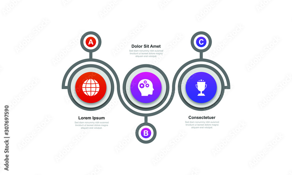 Simple infographic design template. Three connected circular elements business process concept. Vector illustration 