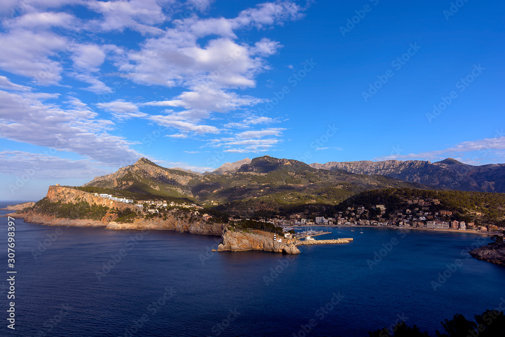 Panoramic view of mountains and port of Soller. North of Mallorca Spain