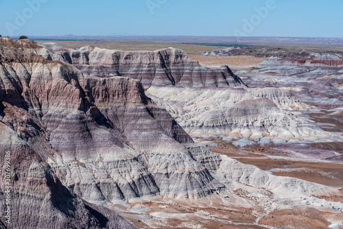 Landscape of purple and white badlands at Blue Mesa in Petrified Forest National Park in Arizona