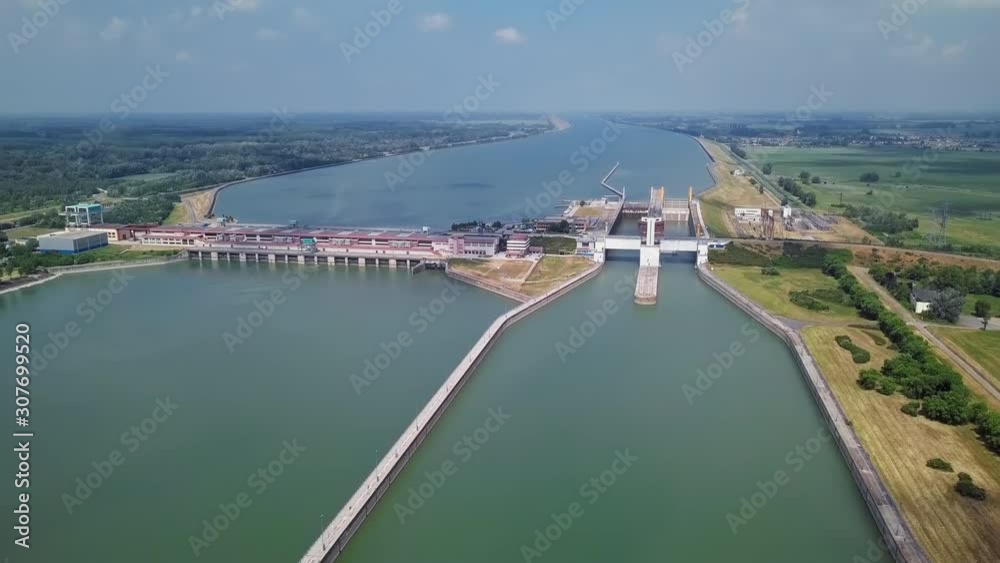 Aerial view of Gabcikovo dam, gates and hydroelectric power plant on Danube, Hungary Slovakia border