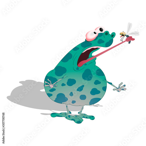 a fat spotted toad caught the dragonfly in tongue. Vector illustration on a white background with shadow.