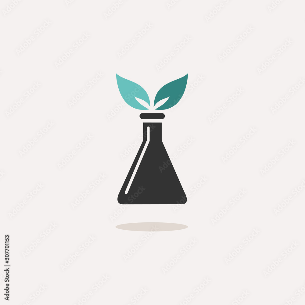 Conical flask with plant. Icon with shadow on a beige background. Chemistry vector illustration Conical flask with plant. Icon with shadow on a beige background. Chemistry vector illustration