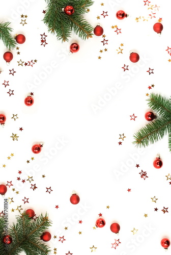 Christmas background with fir twigs and  Xmas or new year red color decoratio...