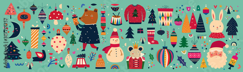 Christmas decorative banner with funny Santa Claus, snowman, gift boxes and toys in vintage style