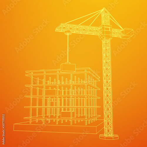 Building under construction with crane. Build house construct in process. Wireframe low poly mesh vector illustration