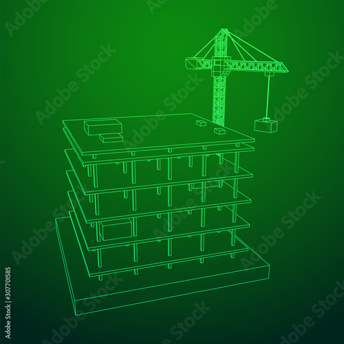 Building under construction with crane. Build house construct in process. Wireframe low poly mesh vector illustration