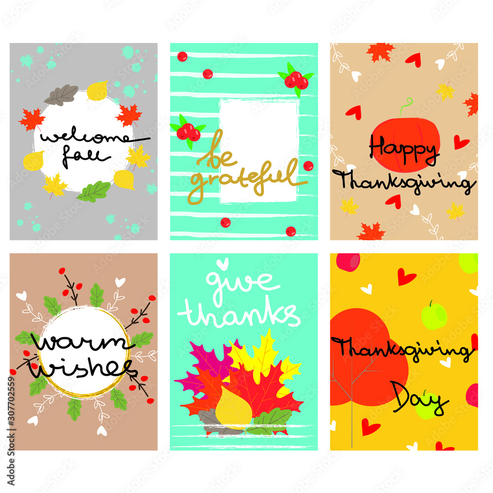 thanksgiving day greeting cards vector illustration. set of thanksgiving greeting cards