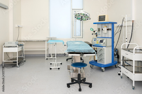 Equipment and medical devices in modern operating room. Surgical room modern equipment in the hospital. Interior view of operating room