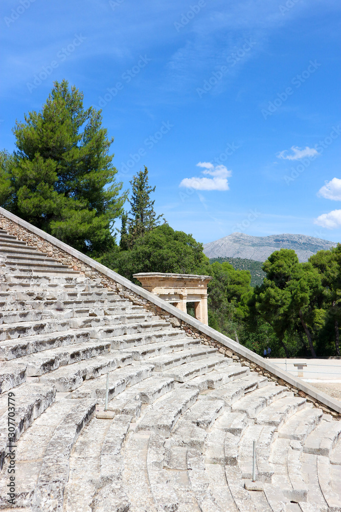 Fantastic view from ancient greek amphitheater of Epidaurus to the surrounding landscape