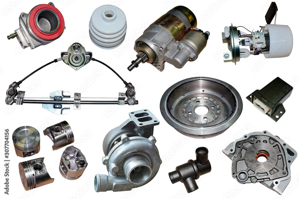 Auto spare parts car on the white background. Set with many isolated items for shop or aftermarket Auto spare parts car on the white background. Set with many isolated items for shop or aftermarket