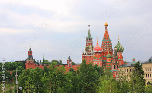 Moscow Kremlin and Saint Basil's Cathedral on the Red Square in Moscow, Russia. Scenic russian capital architecture view, historic city buildings on summer day 