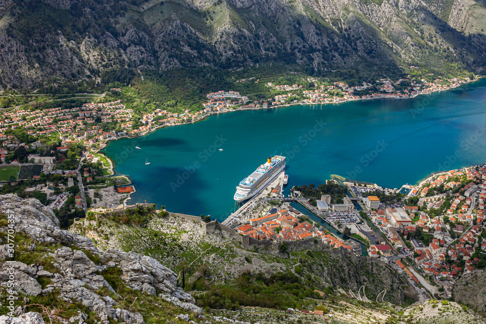 View of the Bay of Kotor from the height of the Lovcen mountain range in Montenegro