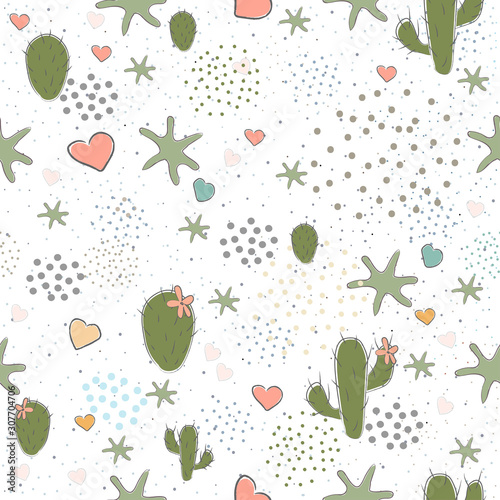 Seamless Pattern with Hand Drawn Cacti. Scandinavian Style. Vector Illustration