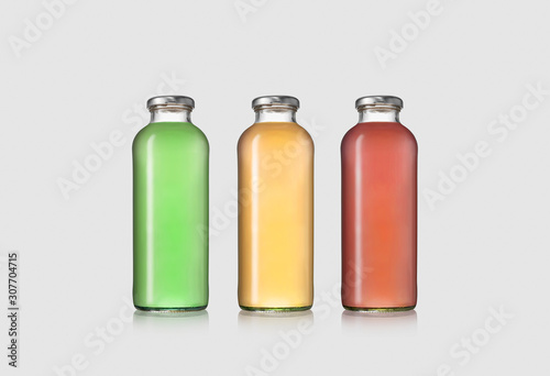 Vegetable and Fruit Juice Bottles Mock up isolated on light gray background.3D rendering.