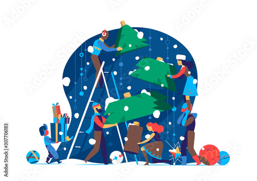 People prepare to celebrate Christmas / New Year by making Christmas tree together - Vector