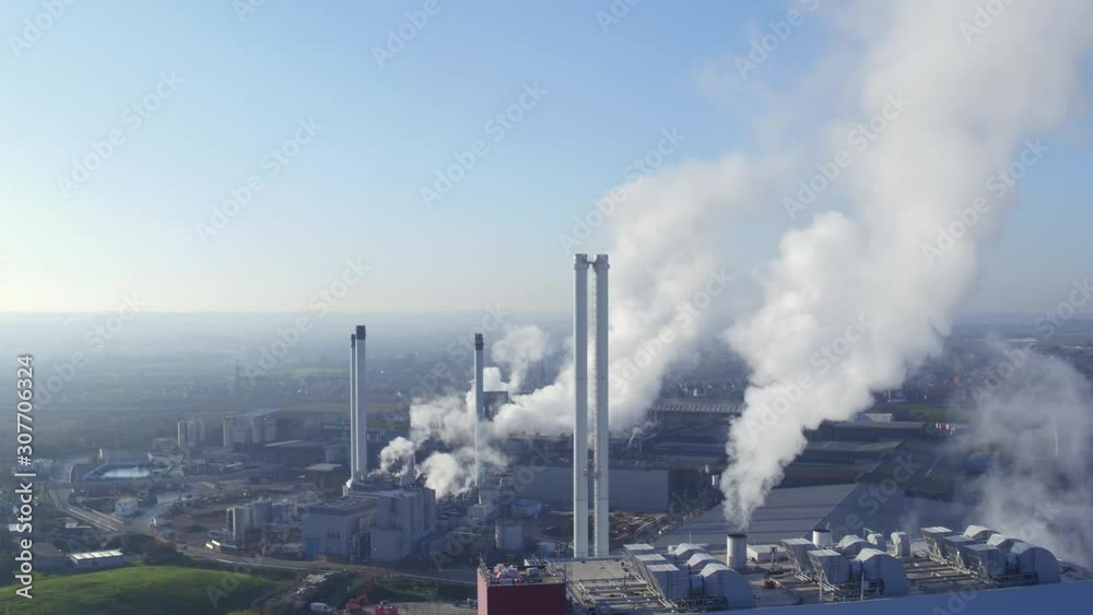 Aerial view of steam billowing from Kemsley Power station and Paper Mill in Kent, UK Aerial view of steam billowing from Kemsley Power station and Paper Mill in Kent, UK
