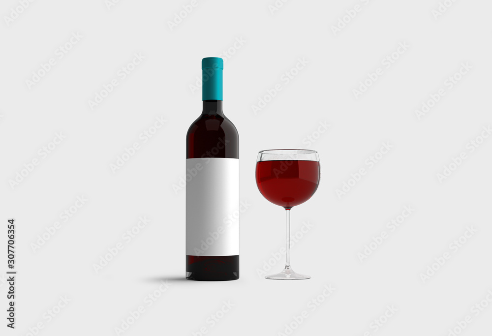 Glass of Red Wine and a Bottle with label isolated on light gray background.3D rendering.