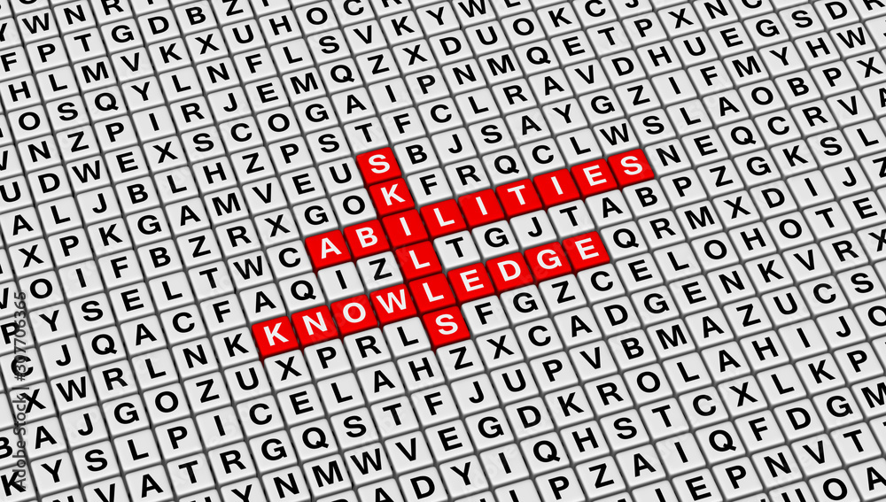 Skill, Ability, Knowledge Crossword Puzzle on 3D Cubes Background With Random Letters for Presentation Title Page. Skill, Ability, Knowledge Crossword Puzzle on 3D Cubes Background With Random Letters for Presentation Title Page.