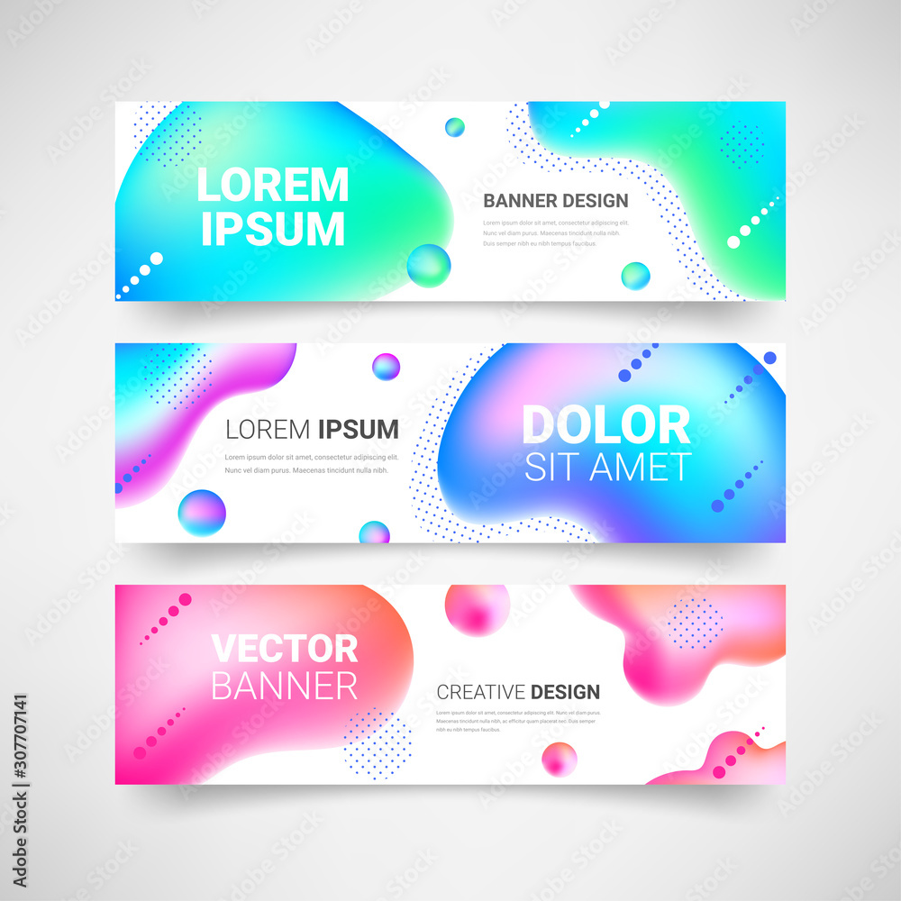 Neon Fluid shapes horizontal banner set. Abstract modern liquid color background. Colorful gradient geometric design elements collection. For web, cover, flyer, header, page, ad. Vector illustration