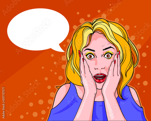 Vector illustration with pop art surprised blond woman face and open mouth, comics cloud, vector line art carttoon illustration, can be used for some print, cad or poster, color version