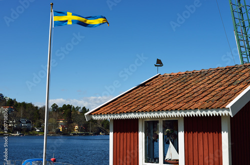 Photography flag on the roof of building, sweden, stockholm europe, nacka