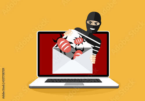Thief hacker in mask. Laptop with virus, piracy, hacking. Flat vector illustration.