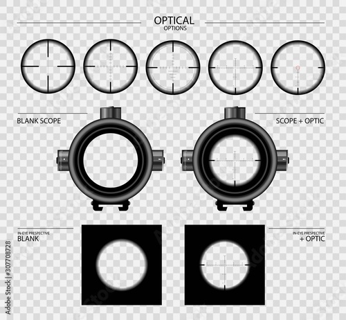 realistic sniper scope sight with measurement marks collection vector set. scope template isolated on transparent background. optical sight in different perspective view and options. photo