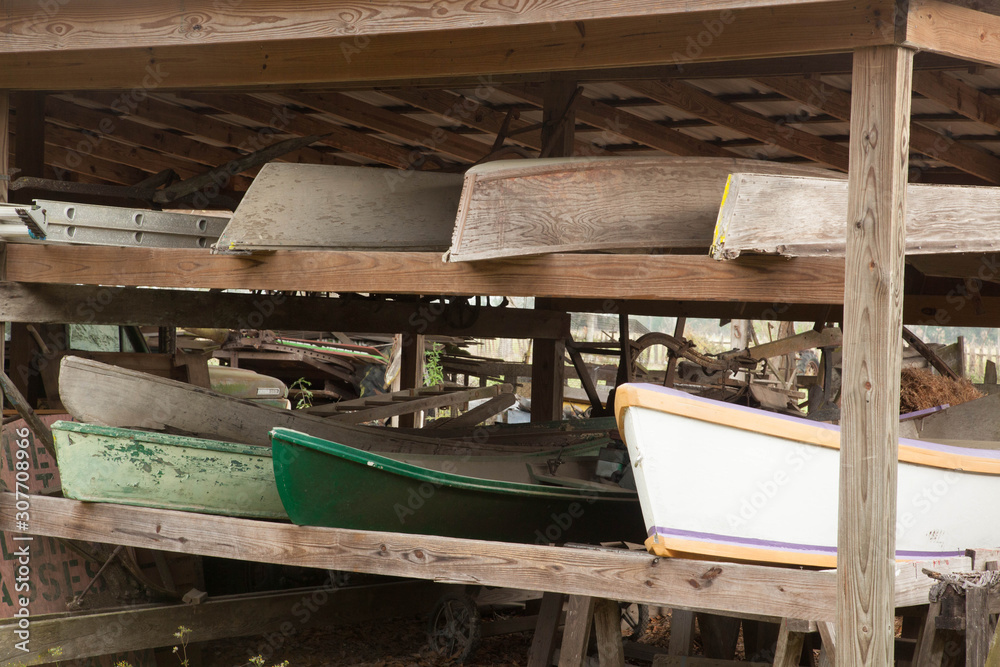 Boats being stored outdoors on shelves Boats being stored outdoors on shelves