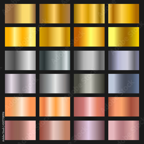 Vector set of gold, bronze and silver gradient background. Golden and metallic gradient collection for border, frame, ribbon, label design. Color swatch. Gold foil texture gradation.