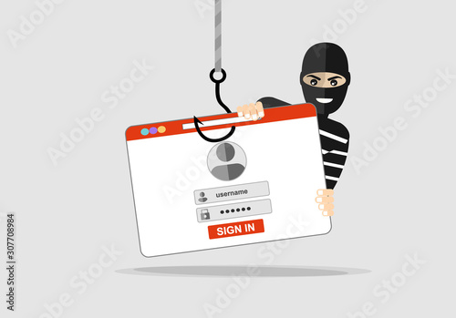 Thief hacker in mask stealing passwords. anti phishing and internet viruses concept. Cartoon Vector Illustration. Cartoon Vector Illustration.