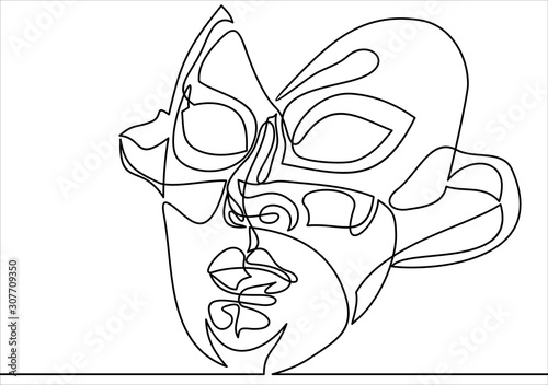 Continuous line single hand drawn carnival mask