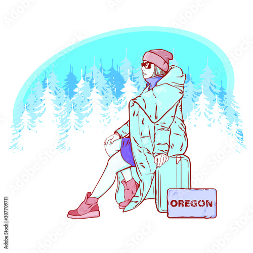 Cold winter snowy day, hichhiking woman with suitcase, winter forest, vector realistic sketch of beautiful woman, winter clothes, vector illustration