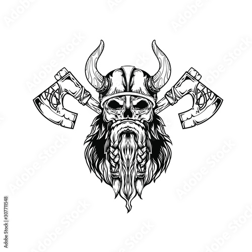 Vikings skull with ax and text, vector grunge illustration isolated on white background, viking emblem, logotype