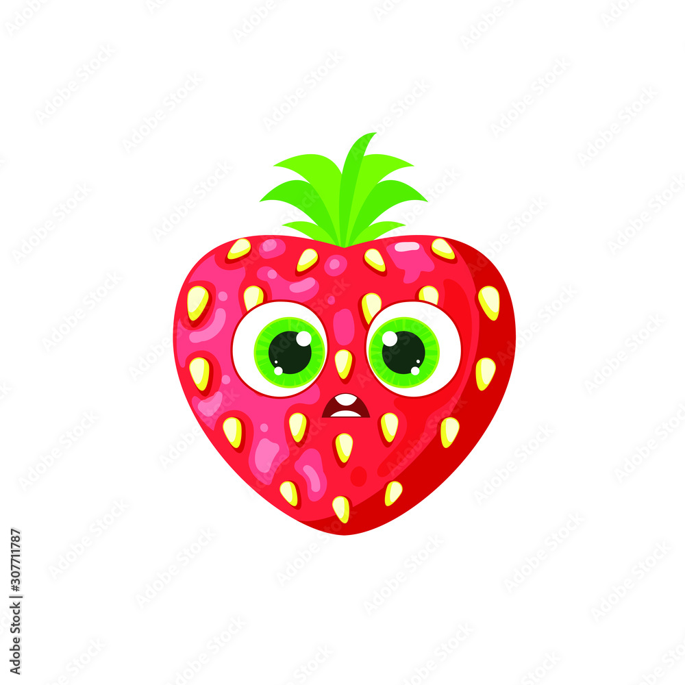 Obraz premium Funny and cute character of strawberry with big green eyes, vecot flat cartoon comics illustration isolated on white background