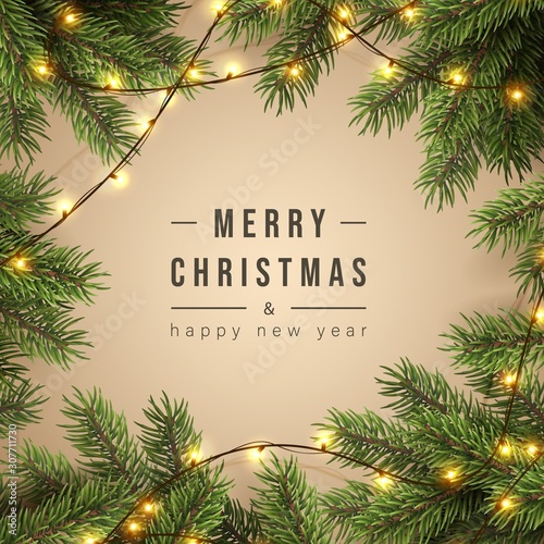 Merry Christmas greeting banner with Chrirstmas decor fir twigs and confetti, vector illustration.