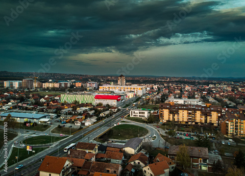 Aerial view of Kragujevac, town in central Serbia at sunset