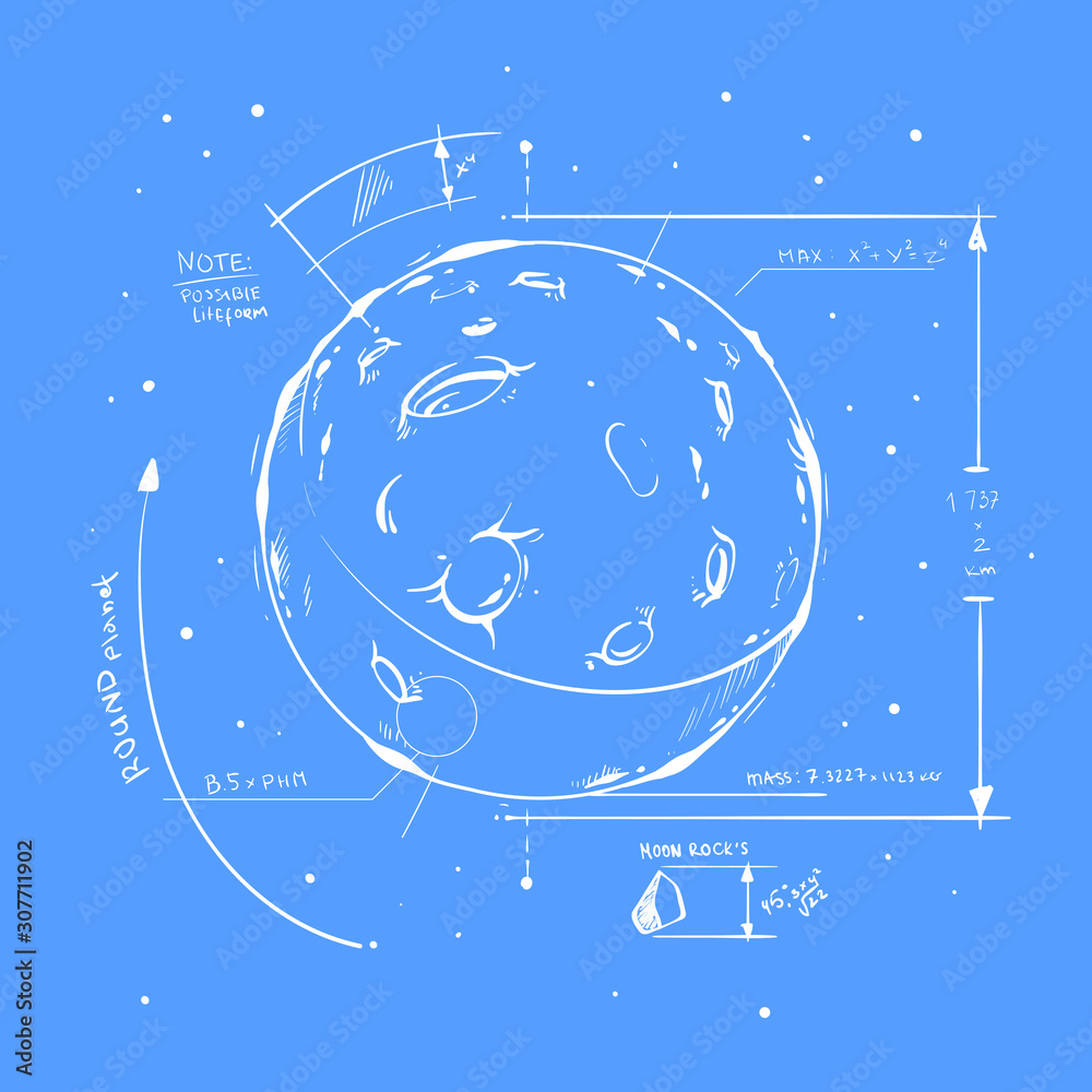 Naklejka premium Vector hand drawn sketch of ,oon, vector white illustration isolated on blue background