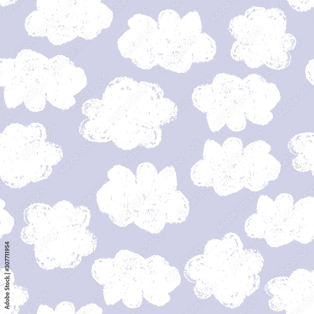 Hand painted seamless pattern with clouds in white on lavender background. Hand painted seamless pattern with clouds in white on lavender background.