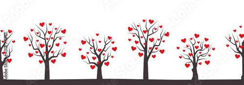 Background for Valentines day. Seamless border. Silhouettes of trees with red hearts in the picture. Vector illustration