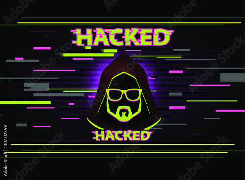 Flat cartoon face of hacker, hacked of database, firewall, network storage, social network account, vector illustration with glitch effect, virus page