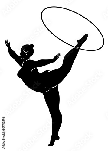 Gymnastics Silhouette of a girl with a hoop. The woman is overweight, a large body. The girl is a full figure. Vector illustration