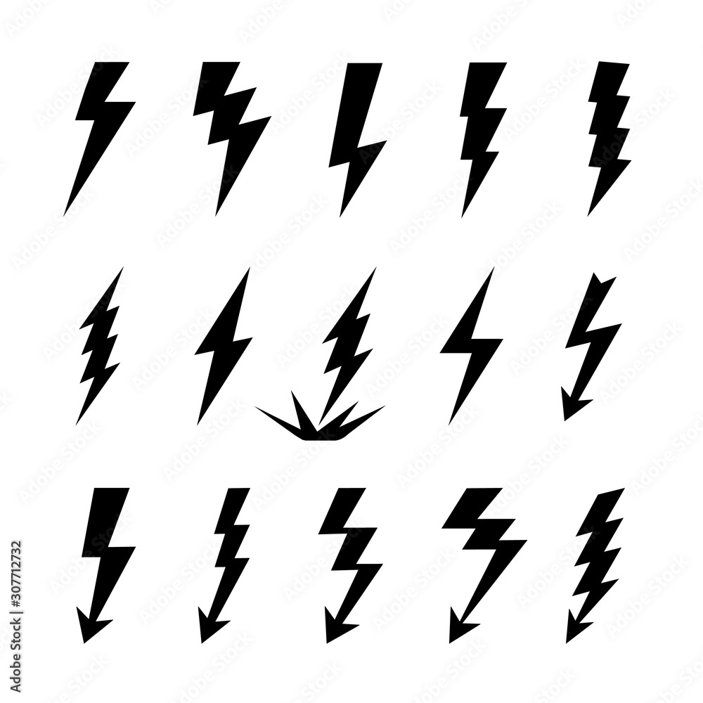 Lightning bolts vector logo set. Concept of energy and electricity. Flash collection. Power and electric symbols, high speed, swiftness and rapid emblem. Lightning bolts vector logo set. Concept of energy and electricity. Flash collection. Power and electric symbols, high speed, swiftness and rapid emblem.