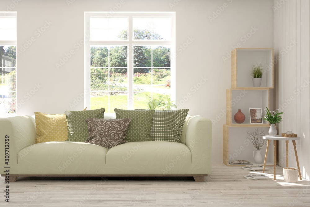 Naklejka premium Stylish room in white color with sofa and summer landscape in window. Scandinavian interior design. 3D illustration