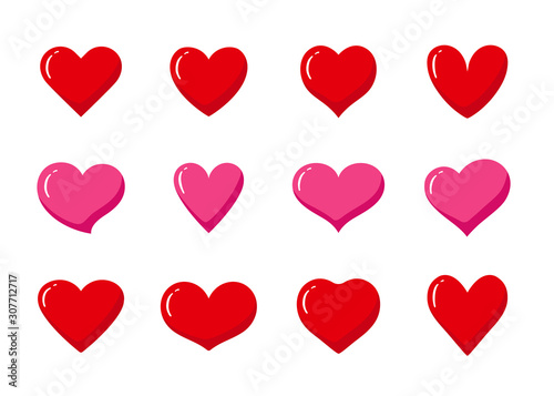 Set of red and pink heart shaped symbols. Collection of different romantic heart icons for web site, sticker, label, tattoo art, love logo and Valentines day.